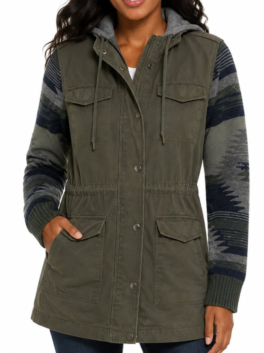 Coffee Shop Olive Utility Jacket with Hood Drawstring Waist Patterned Sleeves